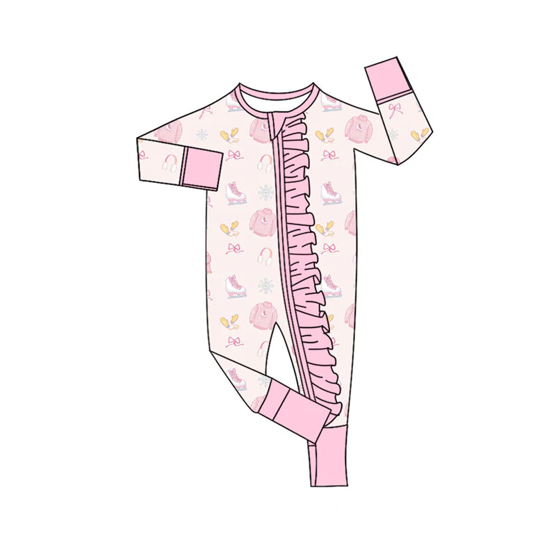 8.6Preorder(moq 5)Baby Infant Girls Long Sleeves Christmas Snowflake Bows Ruffle Zipper Rompers