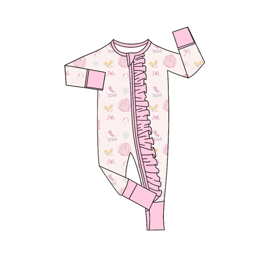 8.6Preorder(moq 5)Baby Infant Girls Long Sleeves Christmas Snowflake Bows Ruffle Zipper Rompers