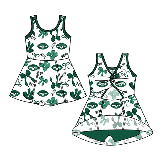 7.1Preorder (moq 5)Baby Girls Green Sleeveless Jets Bows Plaid Short Team Knee Length Dresses