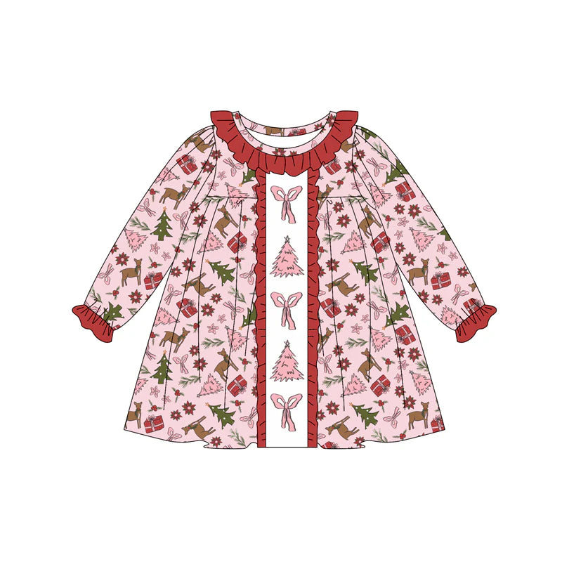 7.11Preorder (moq 5)Baby Girls Long Ruffle Sleeves Pink Bows Trees Deer Button Knee Length Dress