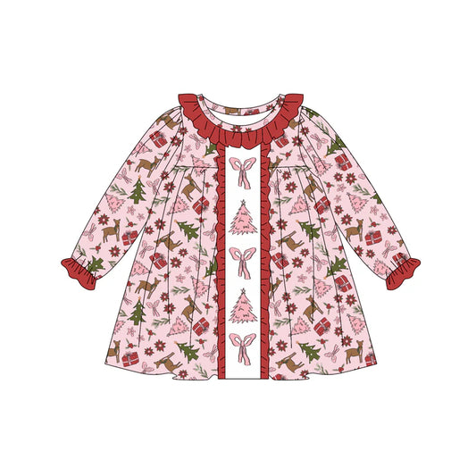 7.11Preorder (moq 5)Baby Girls Long Ruffle Sleeves Pink Bows Trees Deer Button Knee Length Dress