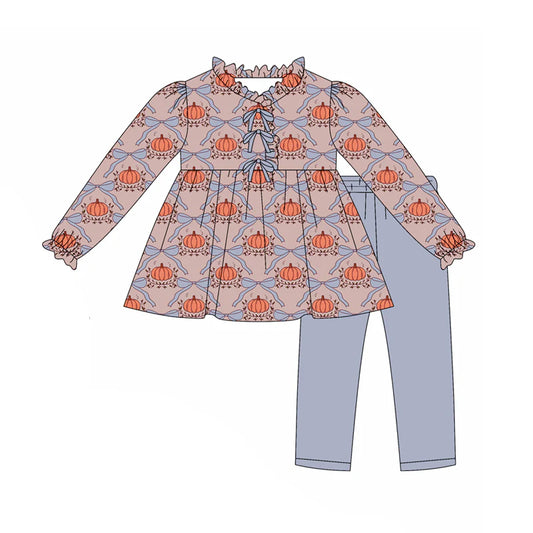 7.31preorder(moq 5) Baby Girls Long Ruffle Sleeves Bows Pumpkins Plaid Tunic Legging Pants Set