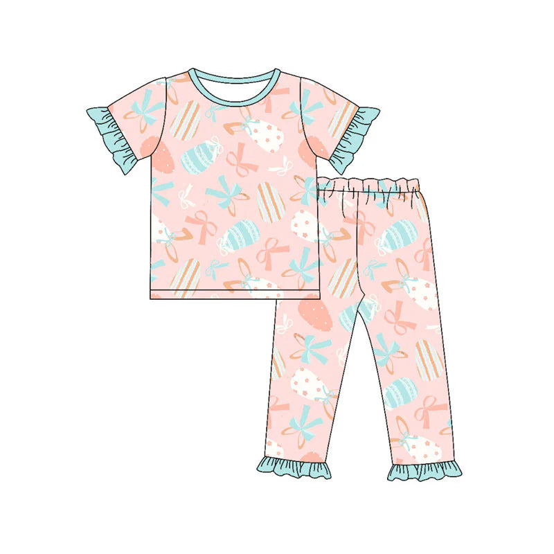 X919Preorder (moq 5)Baby Girls Bows Eggs Top Ruffle Pants Easter Pajamas Sets