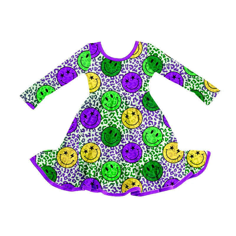 X909Preorder (moq 5)Baby Girls Mardi Gras Purple Yellow Green Smiles Leopard Ruffle Knee Length Dress