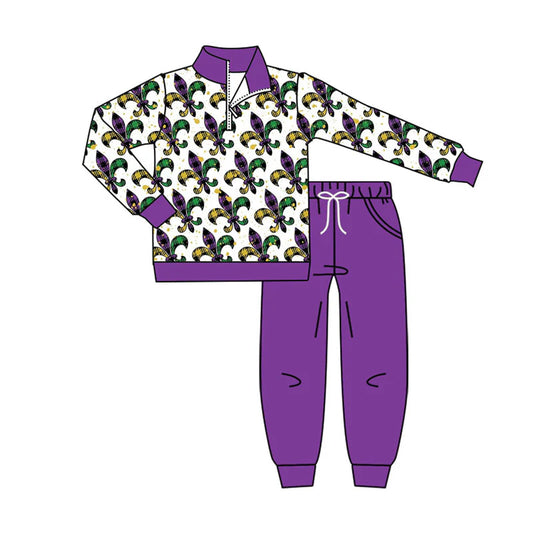 X926Preorder (moq 5)Baby Boys Anchors Zipper Pullover Pockets Jogger Mardigras Clothes Sets