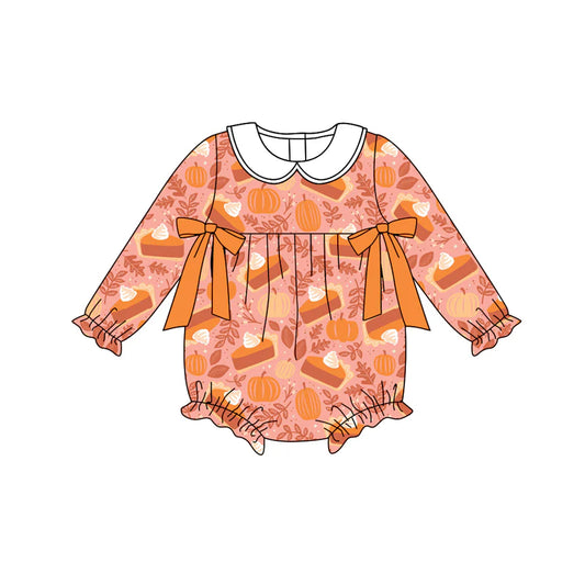 7.15Preorder (moq 5)Baby Girls Long Sleeves Peach Pie Pumpkins Bows Plaid Ruffle Romper