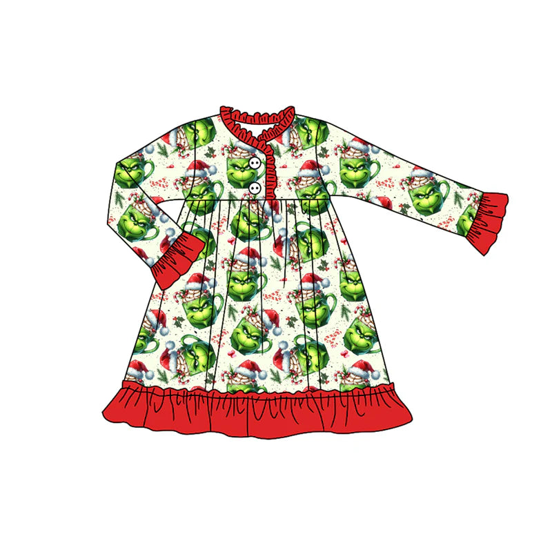 8.11Preorder (moq 5)Baby Girls Christmas Green Face Candy Cane Button Ruffle Knee Length Dresses