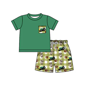 5.6 Pocket Green Cartoon Short Sleeve Suit