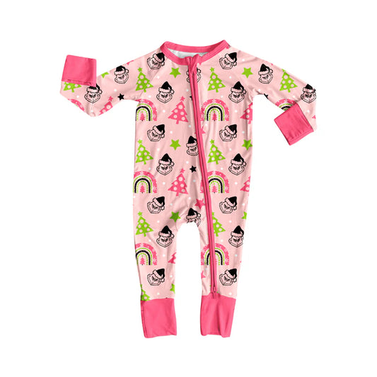 8.8Preorder(moq 5)Baby Girls Pink Christmas Trees Green Face Zipper Footie Rompers