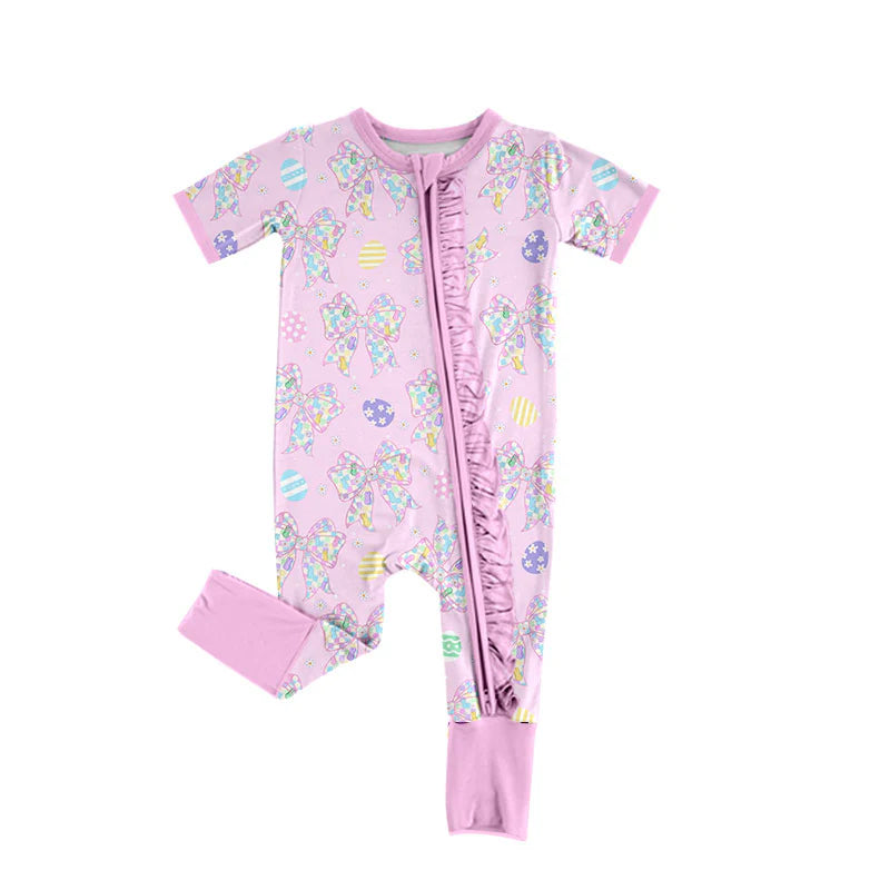 X909Preorder (moq 5)Baby Girls Flower Bows Eggs Easter Ruffle Zipper Footie Rompers