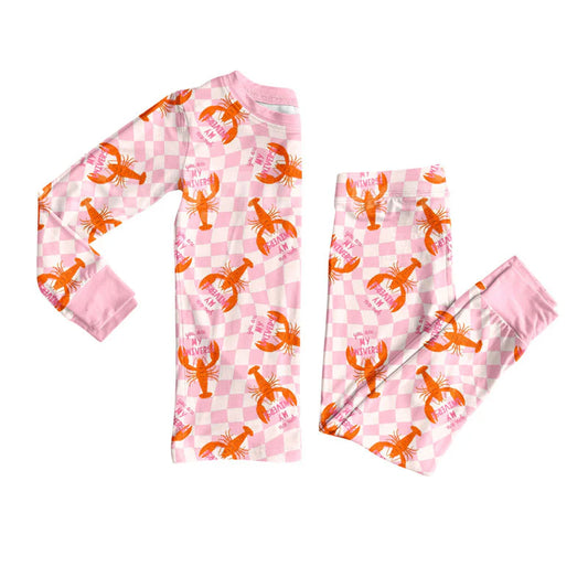 X919Preorder (moq 5)Baby Girls Pink Checked Crayfishes Top Pants Pajamas Sets