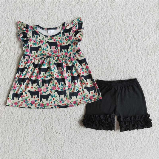 floral cow girls outfits tops & shorts sets summer flower kids clothes