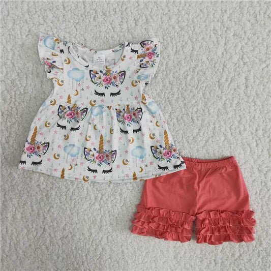 girls summer outfits unicorn top & shorts suits kids clothes