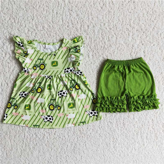 girls outfits farm top & green shorts sets summer kids clothes