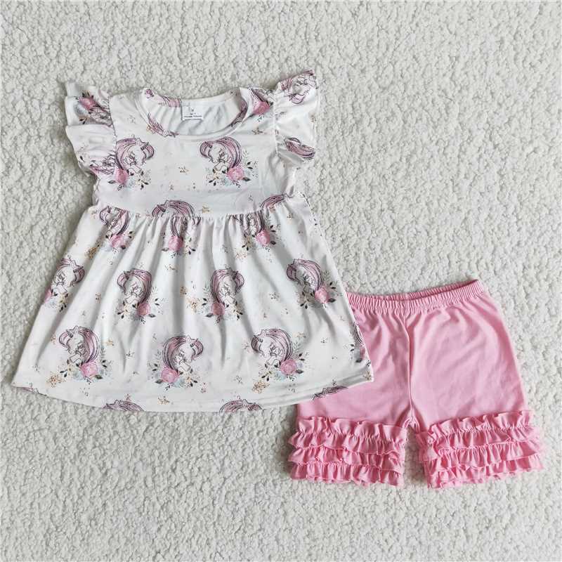 summer girls outfits unicorn t-shirt & pink shorts kids clothes