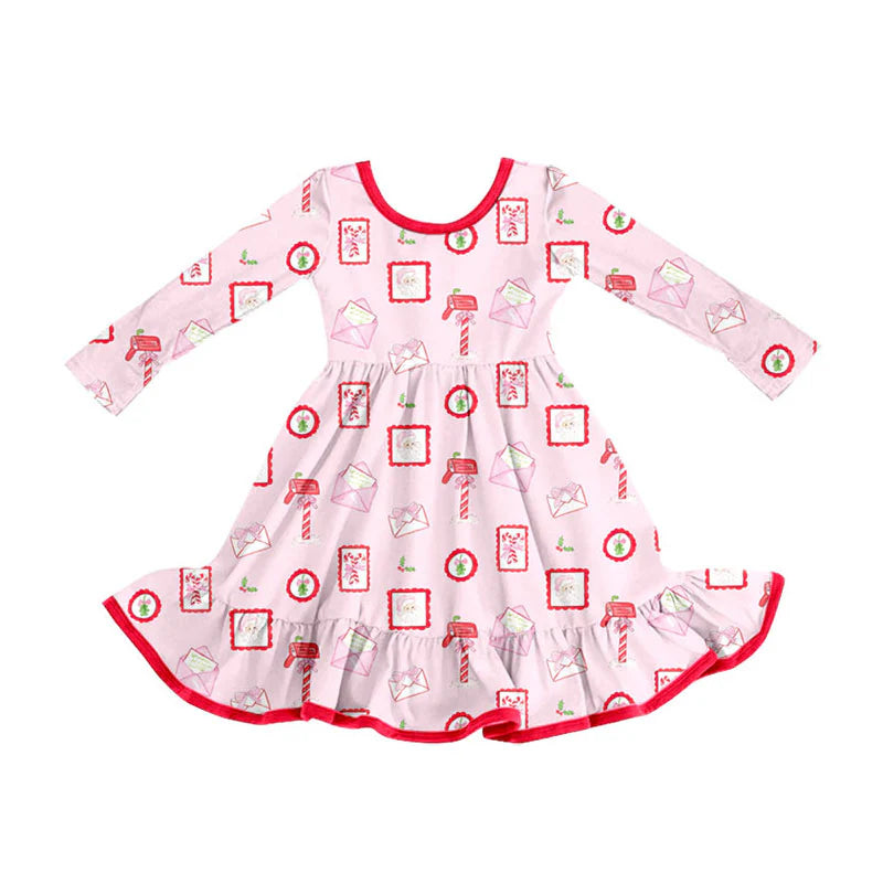 X101Preorder (moq 5)Baby Girls Santa Letters Christmas Ruffle Knee Length Dresses