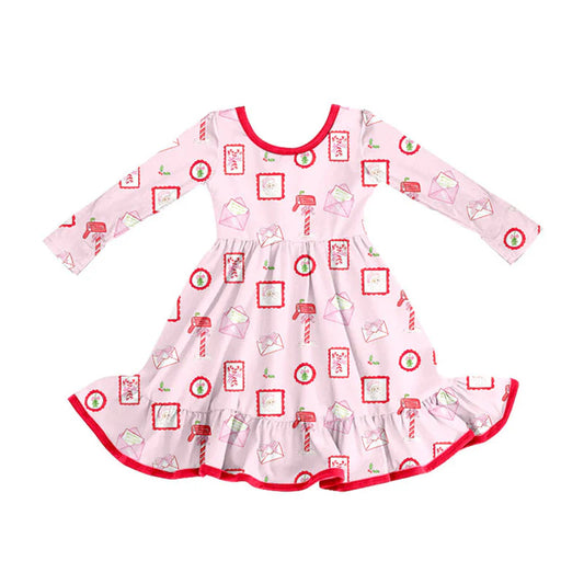 X101Preorder (moq 5)Baby Girls Santa Letters Christmas Ruffle Knee Length Dresses