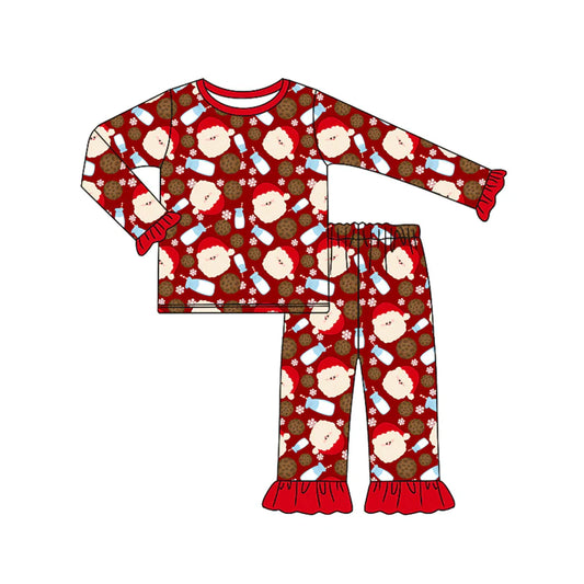7.11Preorder (moq 5)Baby Girls Long Ruffle Sleeves Red Santa Milk Plaid Top Pants Pajamas Set