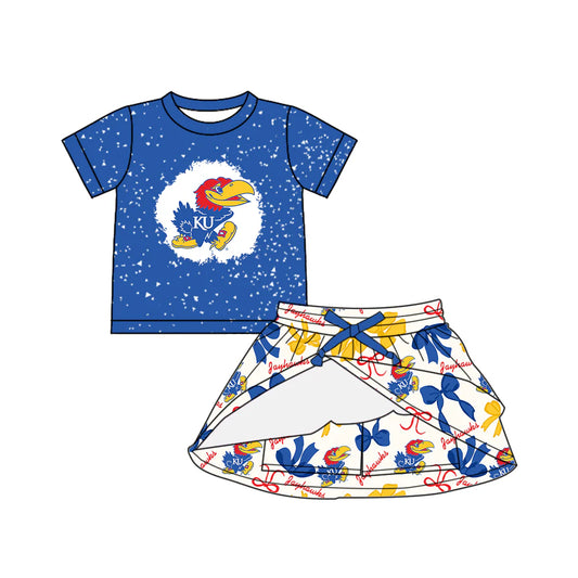 6.28Preorder (moq 5)Baby Girls Blue Short Sleeves KU Top Bows Plaid Skort Team Set