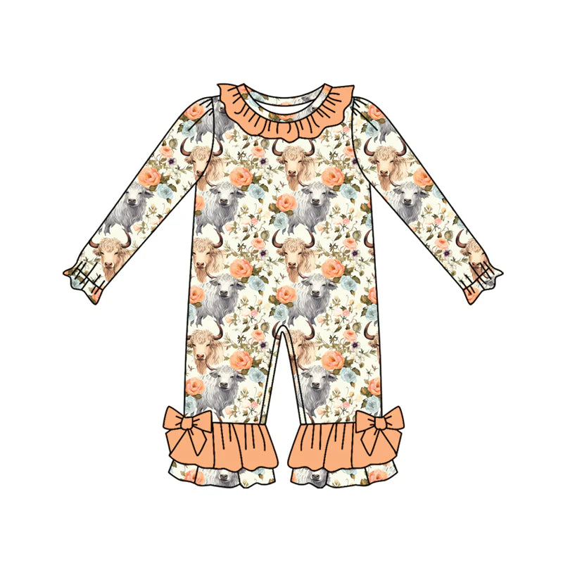 8.6Preorder(moq 5)Baby Infant Girls Highland Cows Flowers Ruffle Pant Rompers