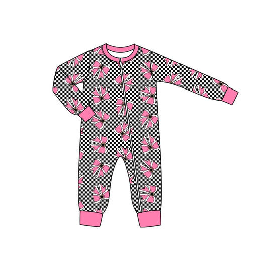 7.16Preorder (moq 5)Baby Girls Long Sleeves Black Plaid Pink Bows Zipper Romper