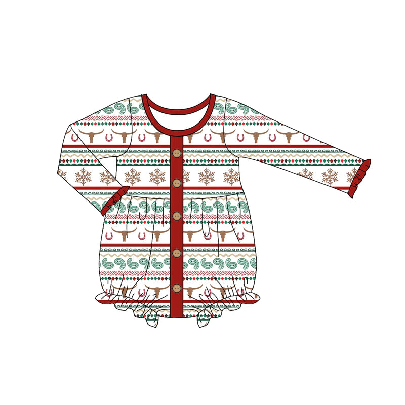 7.15Preorder (moq 5)Baby Girls Long Sleeves Red Bull Skull Aztec Stripe Button Ruffle Romper