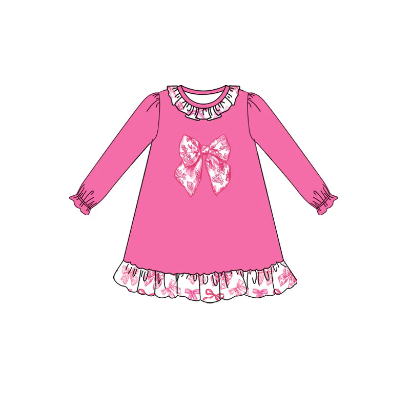 7.21Preorder (moq 5)Baby Girls Long Ruffle Sleeves Pink Floral Bows Knee Length Dresses