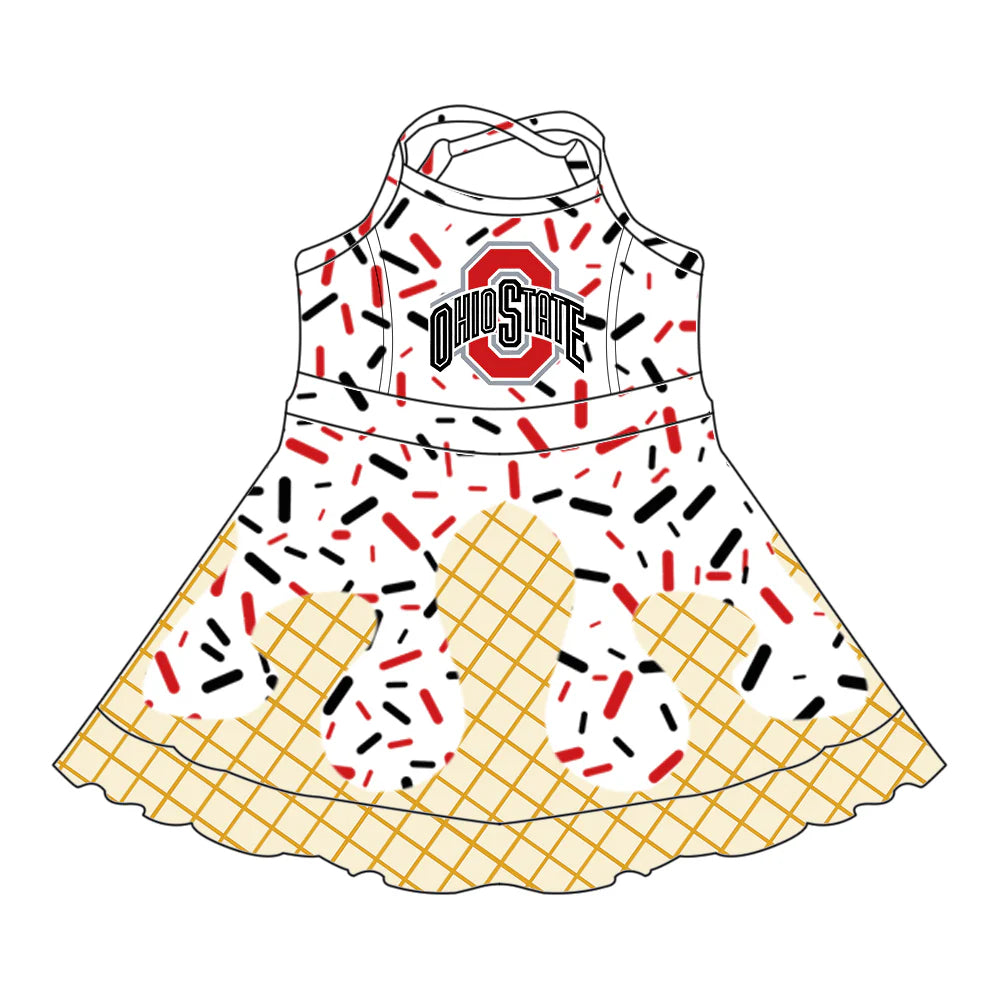 7.2Preorder (moq 5)Baby Girls Strap Ohiostate Drip Shorts Ruffle Team Knee Length Dresses