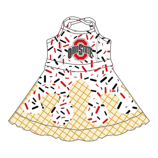 7.2Preorder (moq 5)Baby Girls Strap Ohiostate Drip Shorts Ruffle Team Knee Length Dresses