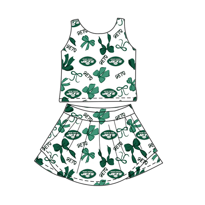 7.2Preorder (moq 5)Baby Girls Green Sleeveless Bows Plaid Jets Top Skorts Team Set