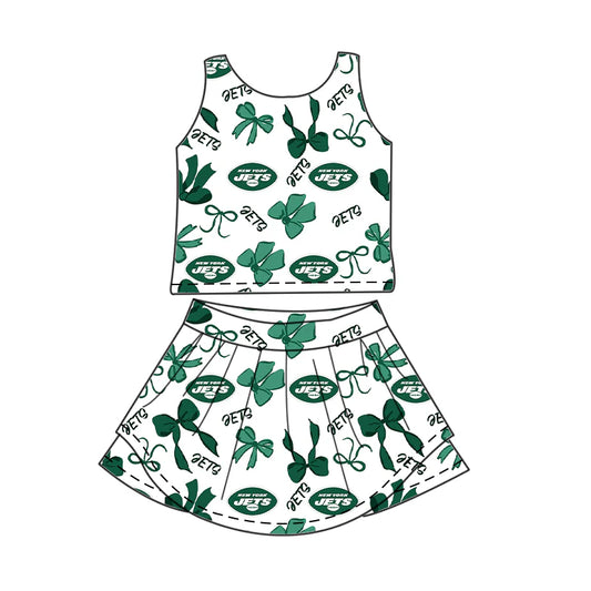 7.2Preorder (moq 5)Baby Girls Green Sleeveless Bows Plaid Jets Top Skorts Team Set