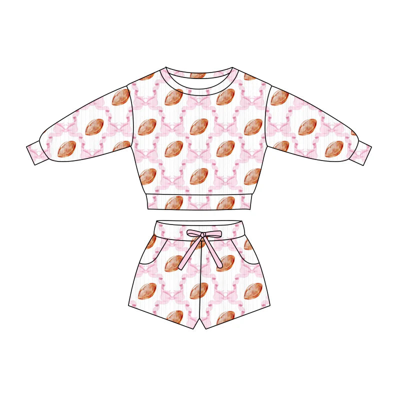 X1.16Preorder (moq 5)Baby Girls Pink Bow Footballs Checked Top Pockets Shorts Team Clothes Sets