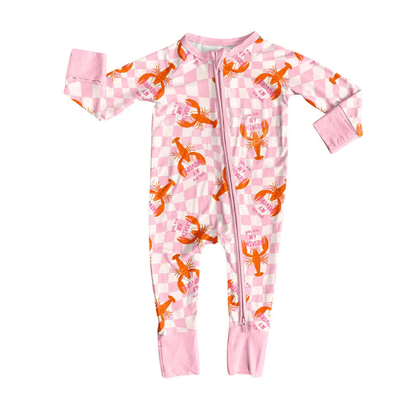 X919Preorder (moq 5)Baby Girls Pink Checked Crayfishes Zipper Footie Rompers