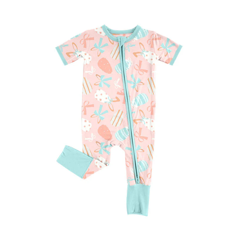 X919 Preorder (moq 5)Baby Boys Bows Eggs Easter Zipper Footie Rompers