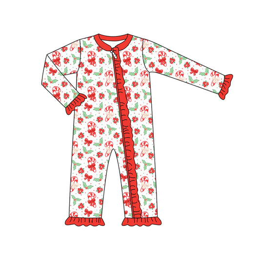 7.15Preorder (moq 5)Baby Girls Long Sleeves Red Holly Bows Candy Cane Ruffle Zipper Romper