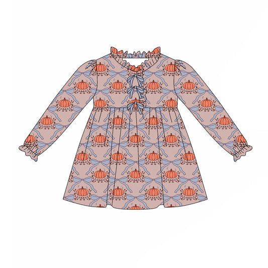 7.31preorder(moq 5) Baby Girls Long Ruffle Sleeves Bows Pumpkins Plaid Knee Length Dresses
