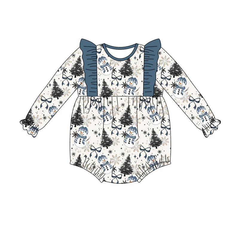 7.19Preorder(moq 5)Baby Girls Blue Bows Trees Snowman Ruffle Rompers