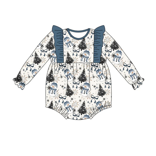 7.19Preorder(moq 5)Baby Girls Blue Bows Trees Snowman Ruffle Rompers