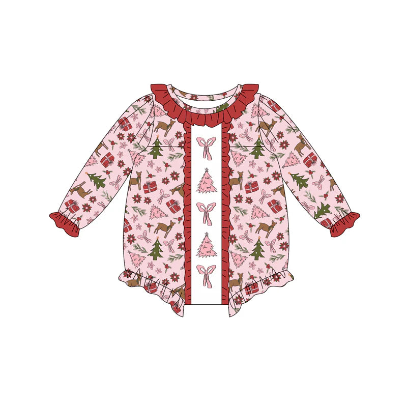 7.15Preorder (moq 5)Baby Girls Long Sleeves Pink Bows Trees Deer Plaid Ruffle Romper