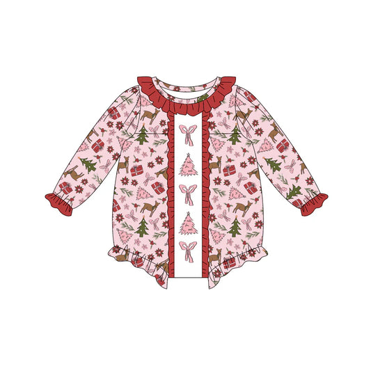 7.15Preorder (moq 5)Baby Girls Long Sleeves Pink Bows Trees Deer Plaid Ruffle Romper