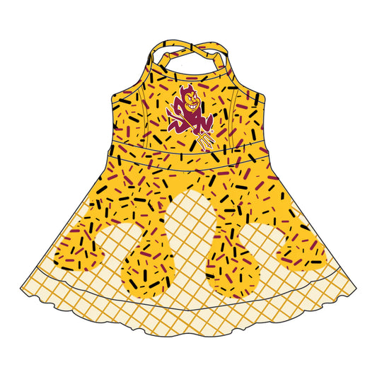 7.2Preorder (moq 5)Baby Girls Yellow Strap Trident Drip Shorts Ruffle Team Knee Length Dresses