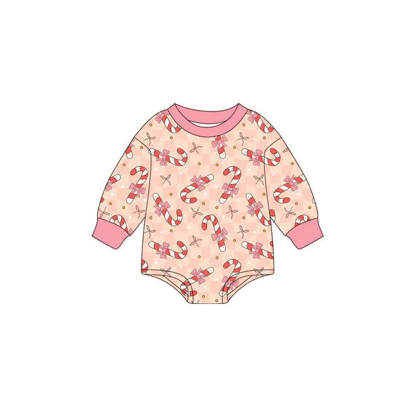 7.15Preorder (moq 5)Baby Girls Long Sleeves Peach Bows Candy Cane Stars Plaid Romper