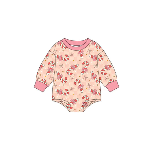 7.15Preorder (moq 5)Baby Girls Long Sleeves Peach Bows Candy Cane Stars Plaid Romper