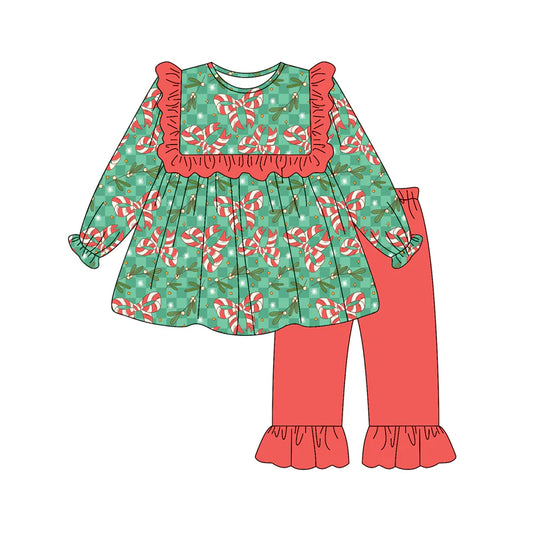 8.8Preorder(moq 5) Baby Girls Holly Plaid Candy Cane Bows Tunic Ruffle Pants Christmas Set
