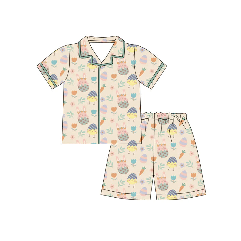 X12.17Preorder (moq 5)Baby Girls Rabbits Eggs Flowers Button Top Shorts Easter Pajamas Sets