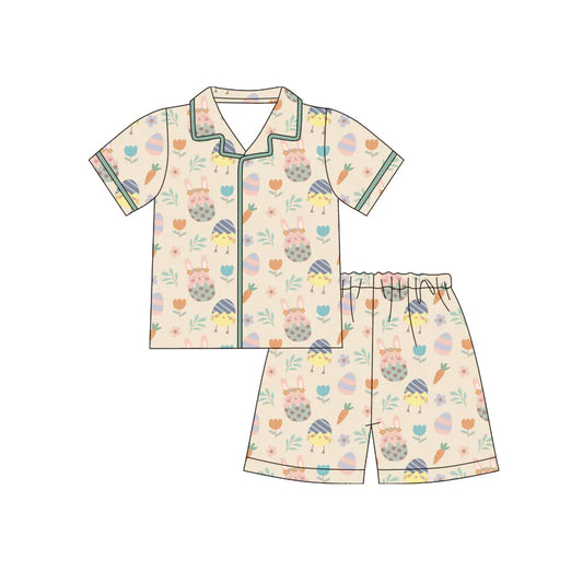 X12.17Preorder (moq 5)Baby Girls Rabbits Eggs Flowers Button Top Shorts Easter Pajamas Sets