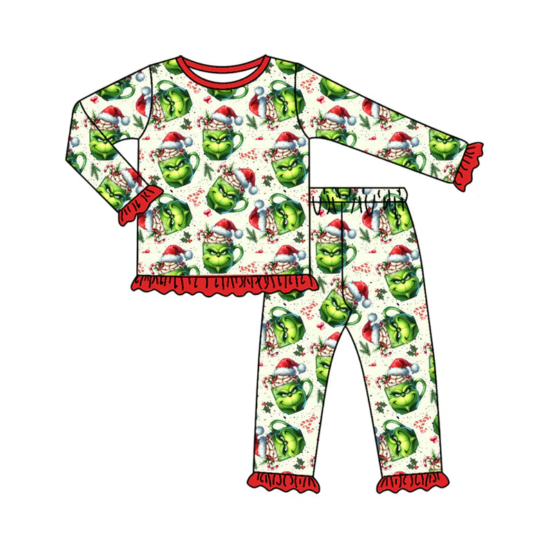 8.2Preorder (moq 5)Baby Girls Green Face Candy Cane Top Pant Christmas Pajamas Set