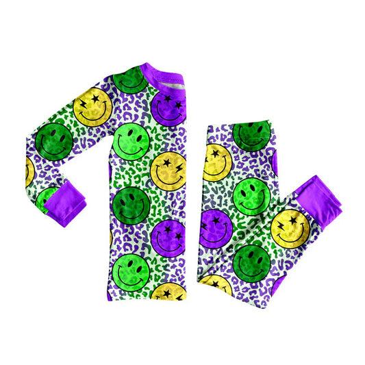 X909Preorder (moq 5)Baby Boys Mardi Gras Purple Yellow Green Smiles Leopard Pajamas Sets