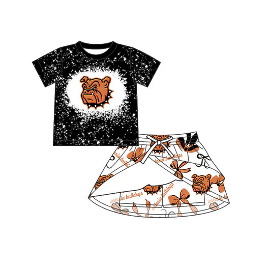 7.31moq 5 preorder Baby Girls Black Short Sleeves Bulldogs Top Bows Plaid Short Skirts Team Set