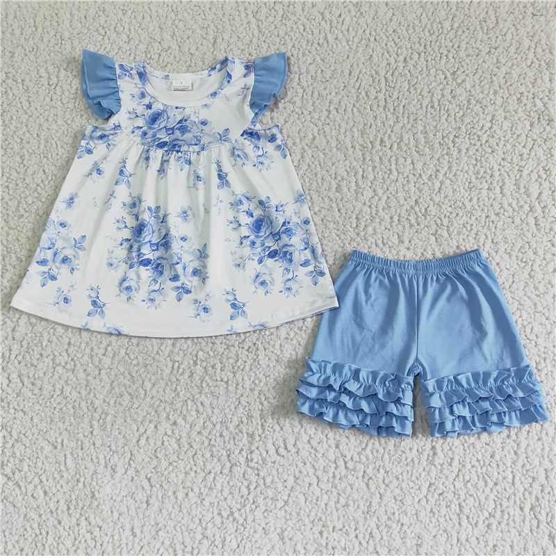 blue floral girls outfits tops & shorts sets summer flower kids clothes